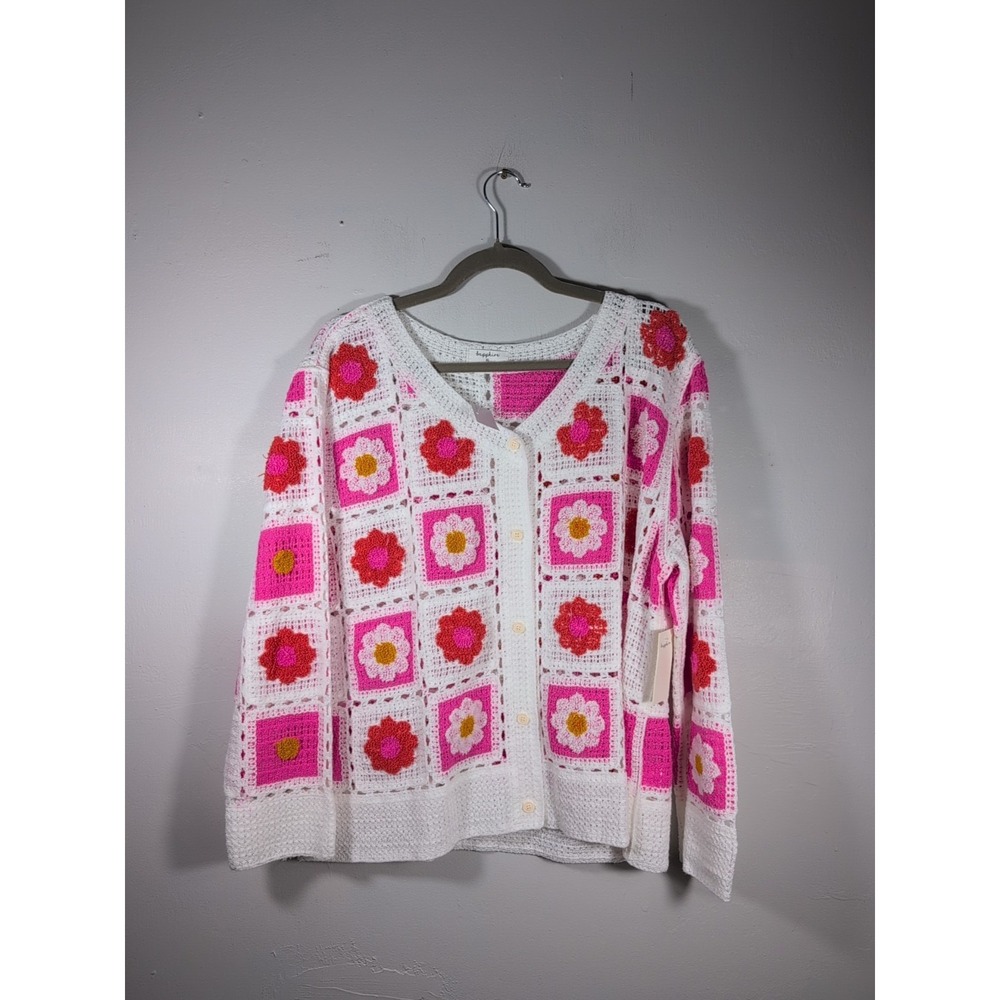 SAPPHIRE Womens XL‎ Granny Square Crochet Cardigan Floral Boho Retro NWT